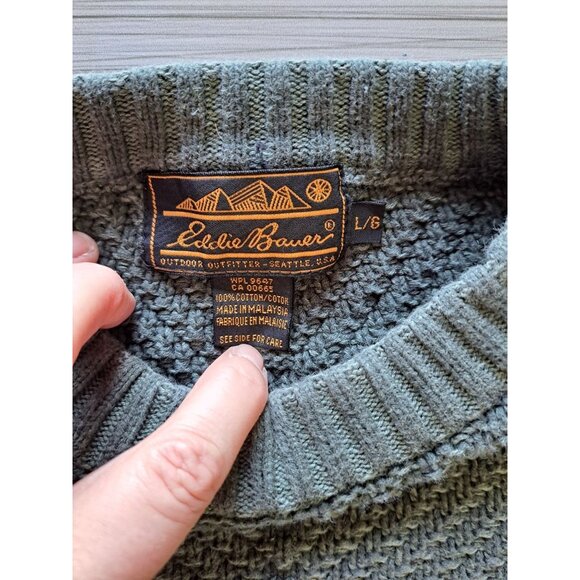 Vintage Eddie Bauer Mens Cotton Crew Neck Sweater Size L Green Textured Knit - Picture 2 of 5